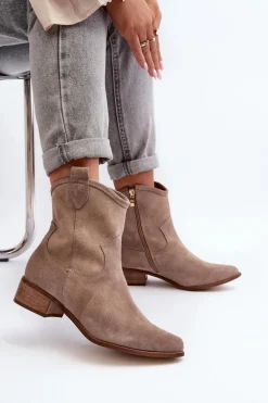 Zazoo 3329 Zamszowe Botki Kowbojki Na Niskim Obcasie Cappucino