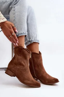 Zazoo 3329 Zamszowe Botki Kowbojki Na Niskim Obcasie Brązowe