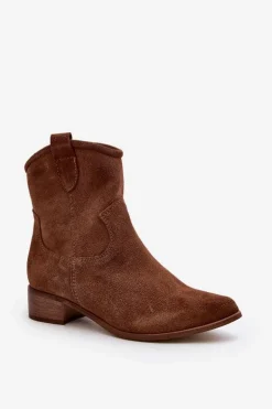 Zazoo 3329 Zamszowe Botki Kowbojki Na Niskim Obcasie Brązowe