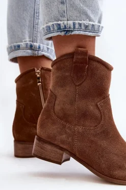 Zazoo 3329 Zamszowe Botki Kowbojki Na Niskim Obcasie Brązowe