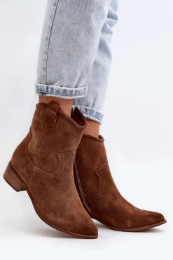 Zazoo 3329 Zamszowe Botki Kowbojki Na Niskim Obcasie Brązowe