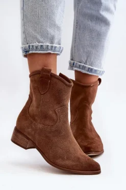 Zazoo 3329 Zamszowe Botki Kowbojki Na Niskim Obcasie Brązowe