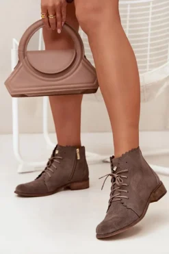 Zazoo 2964 Zamszowe Botki Na Płaskim Obcasie Ciemnobeżowe