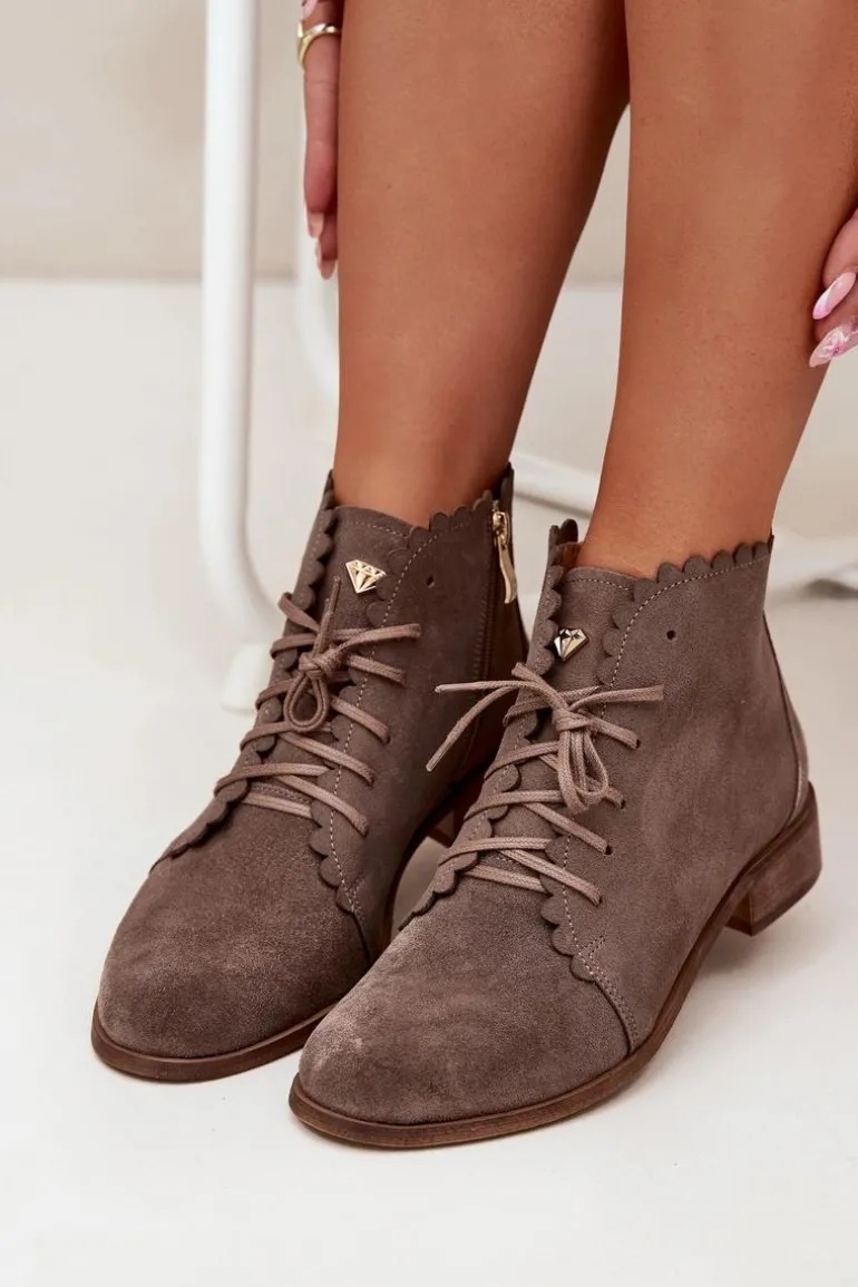 Zazoo 2964 Zamszowe Botki Na Płaskim Obcasie Ciemnobeżowe