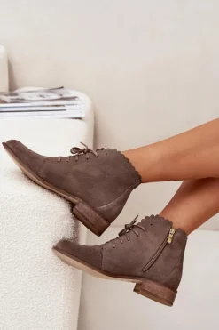 Zazoo 2964 Zamszowe Botki Na Płaskim Obcasie Ciemnobeżowe