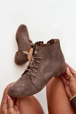 Zazoo 2964 Zamszowe Botki Na Płaskim Obcasie Ciemnobeżowe