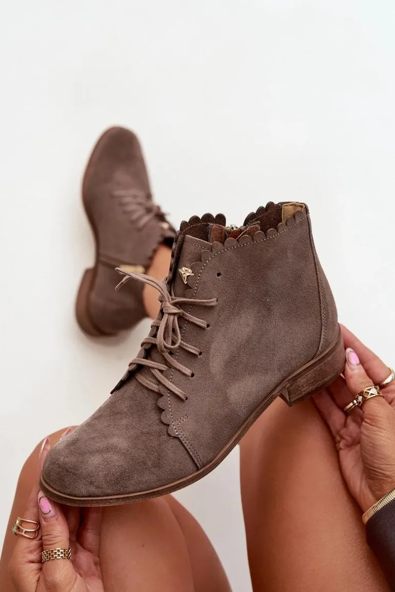 Zazoo 2964 Zamszowe Botki Na Płaskim Obcasie Ciemnobeżowe