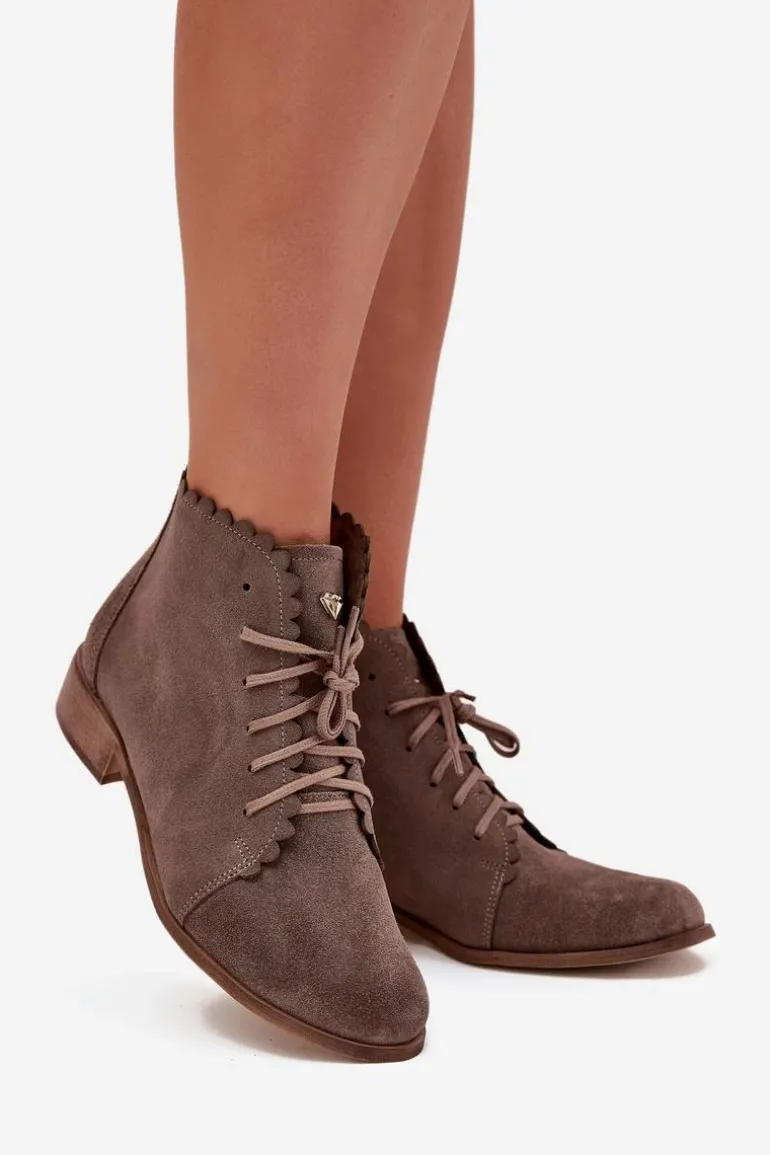 Zazoo 2964 Zamszowe Botki Na Płaskim Obcasie Ciemnobeżowe