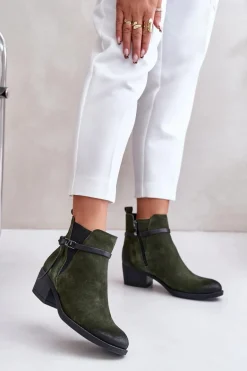 Zazoo 60478 Zamszowe Botki Na Obcasie Ocieplane Zapinane Na Zamek Ciemnozielone