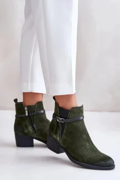 Zazoo 60478 Zamszowe Botki Na Obcasie Ocieplane Zapinane Na Zamek Ciemnozielone