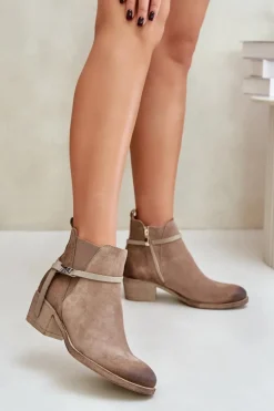 Zazoo 60478 Zamszowe Botki Na Obcasie Ocieplane Zapinane Na Zamek Beżowe