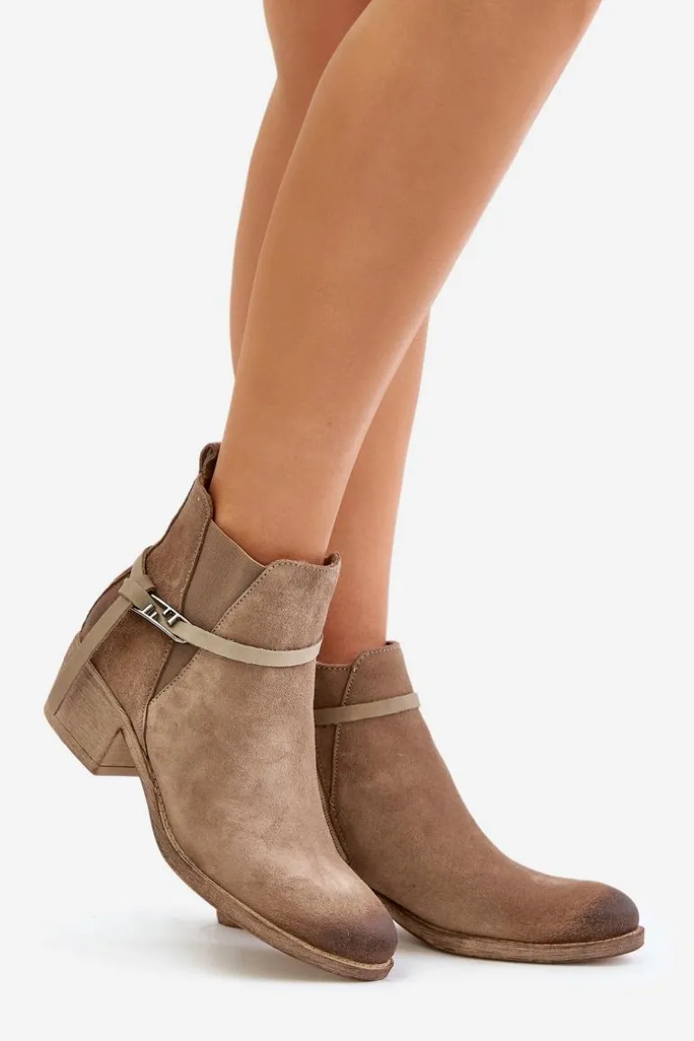 Zazoo 60478 Zamszowe Botki Na Obcasie Ocieplane Zapinane Na Zamek Beżowe