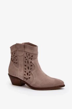 Zazoo 2870 Zamszowe Botki Na Niskim Obcasie Ażurowe Beżowe