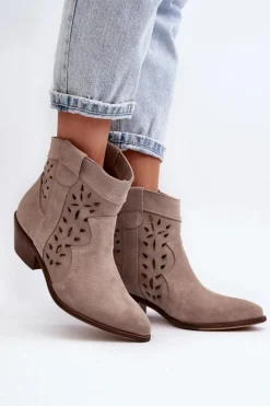 Zazoo 2870 Zamszowe Botki Na Niskim Obcasie Ażurowe Beżowe