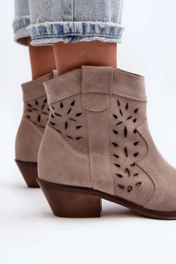 Zazoo 2870 Zamszowe Botki Na Niskim Obcasie Ażurowe Beżowe