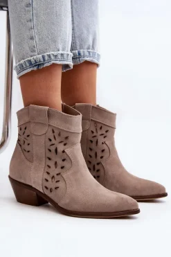 Zazoo 2870 Zamszowe Botki Na Niskim Obcasie Ażurowe Beżowe