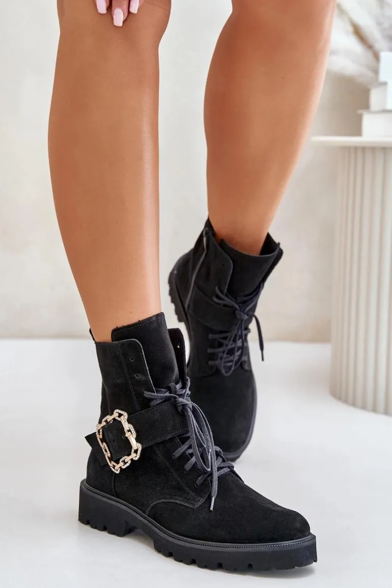 Zazoo 2951 Zamszowe Botki Z Ozdobną Klamrą Czarne