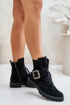 Zazoo 2951 Zamszowe Botki Z Ozdobną Klamrą Czarne