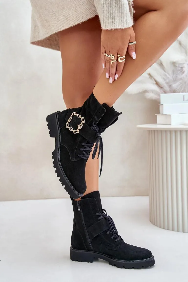 Zazoo 2951 Zamszowe Botki Z Ozdobną Klamrą Czarne