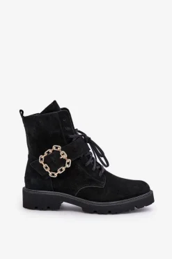 Zazoo 2951 Zamszowe Botki Z Ozdobną Klamrą Czarne