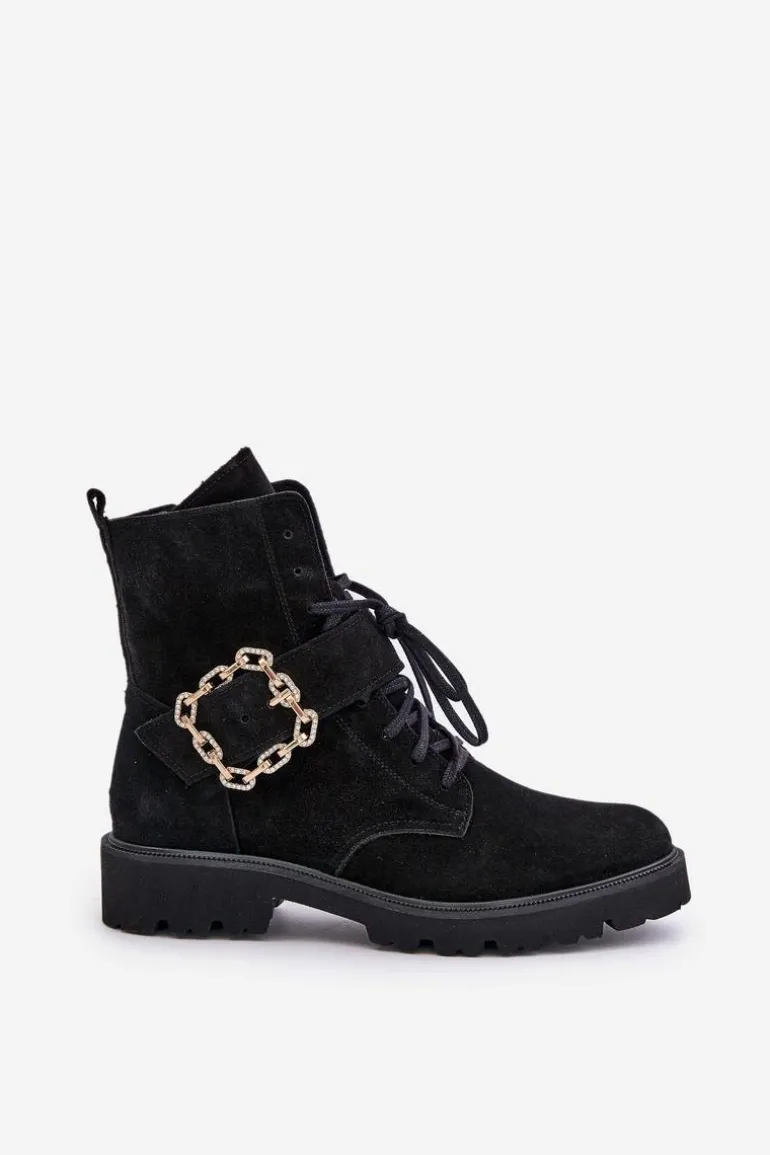 Zazoo 2951 Zamszowe Botki Z Ozdobną Klamrą Czarne