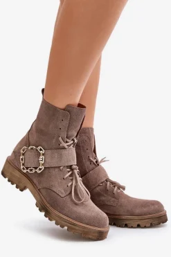Zazoo 2951 Zamszowe Botki Z Ozdobną Klamrą Ciemnobeżowe