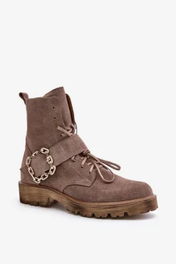 Zazoo 2951 Zamszowe Botki Z Ozdobną Klamrą Ciemnobeżowe