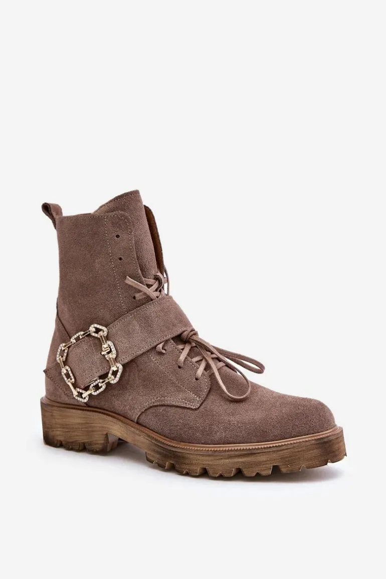 Zazoo 2951 Zamszowe Botki Z Ozdobną Klamrą Ciemnobeżowe