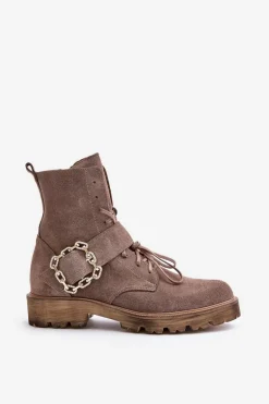 Zazoo 2951 Zamszowe Botki Z Ozdobną Klamrą Ciemnobeżowe