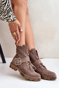 Zazoo 2951 Zamszowe Botki Z Ozdobną Klamrą Ciemnobeżowe