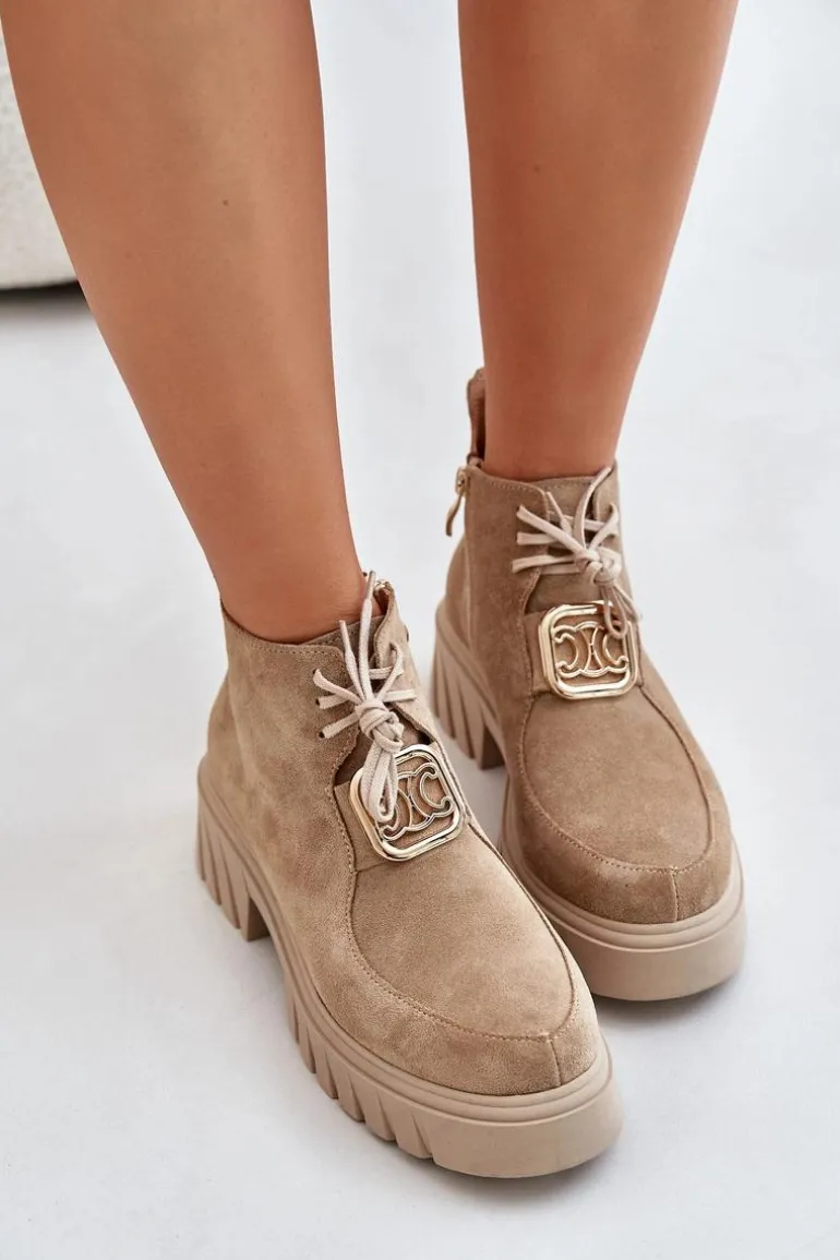 Zazoo 2952 Zamszowe Botki Ze Złotą Ozdobą Beżowe