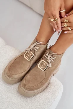 Zazoo 2952 Zamszowe Botki Ze Złotą Ozdobą Beżowe