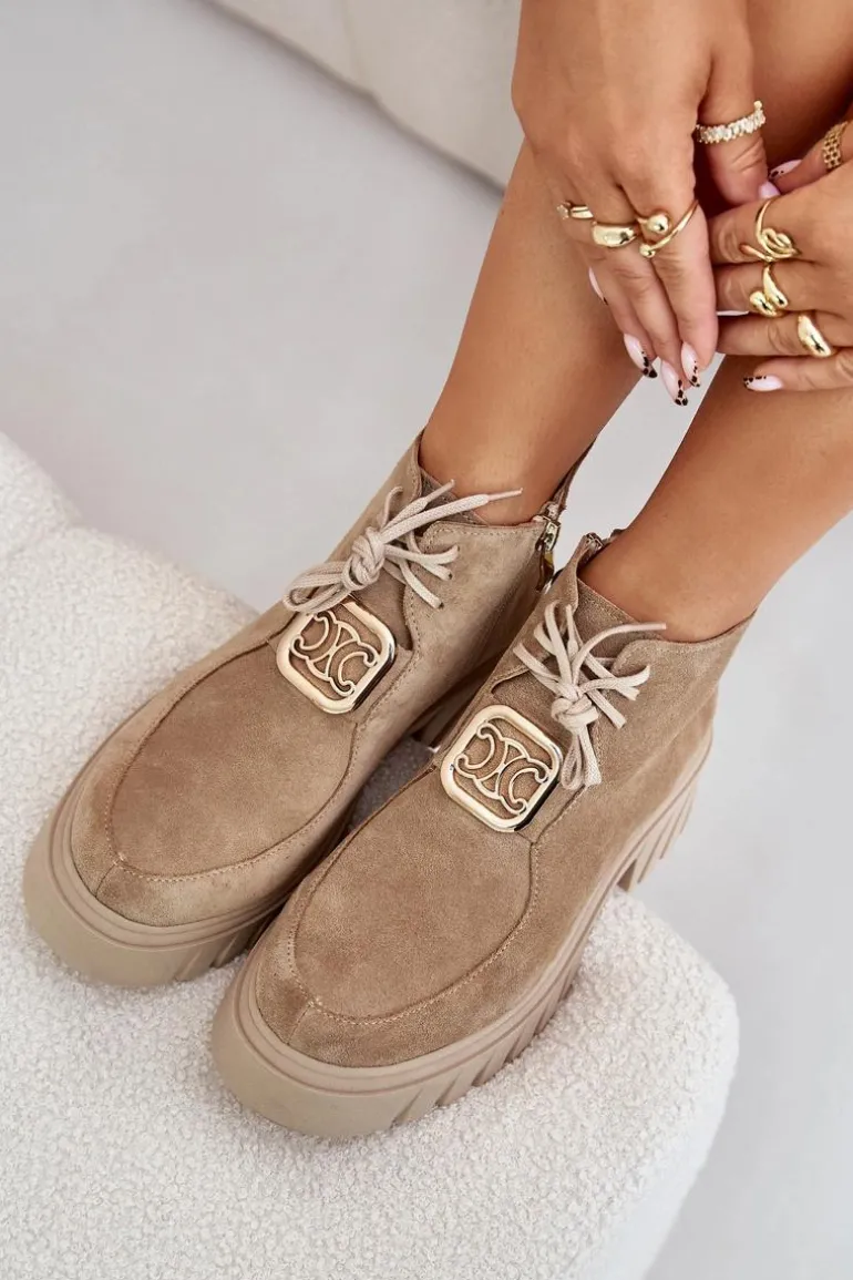 Zazoo 2952 Zamszowe Botki Ze Złotą Ozdobą Beżowe