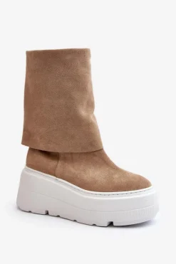 Zazoo 3410 Zamszowe Damskie Botki Na Masywnej Platformie Beżowe