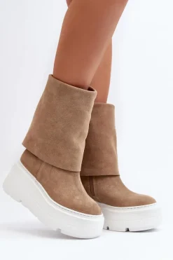 Zazoo 3410 Zamszowe Damskie Botki Na Masywnej Platformie Beżowe