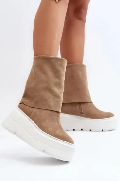 Zazoo 3410 Zamszowe Damskie Botki Na Masywnej Platformie Beżowe