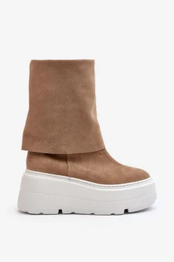 Zazoo 3410 Zamszowe Damskie Botki Na Masywnej Platformie Beżowe