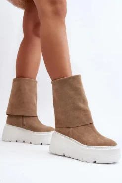 Zazoo 3410 Zamszowe Damskie Botki Na Masywnej Platformie Beżowe