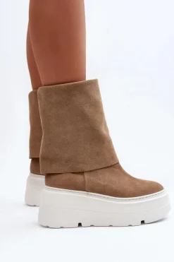Zazoo 3410 Zamszowe Damskie Botki Na Masywnej Platformie Beżowe