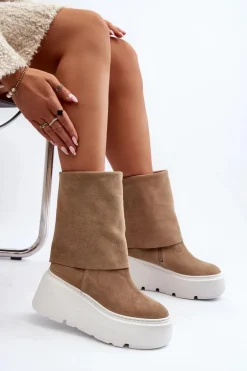 Zazoo 3410 Zamszowe Damskie Botki Na Masywnej Platformie Beżowe