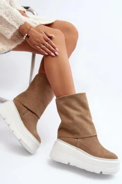 Zazoo 3410 Zamszowe Damskie Botki Na Masywnej Platformie Beżowe