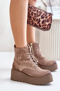 Zazoo 60499 Zamszowe Damskie Botki Na Platformie I Koturnie Ocieplane Beżowe
