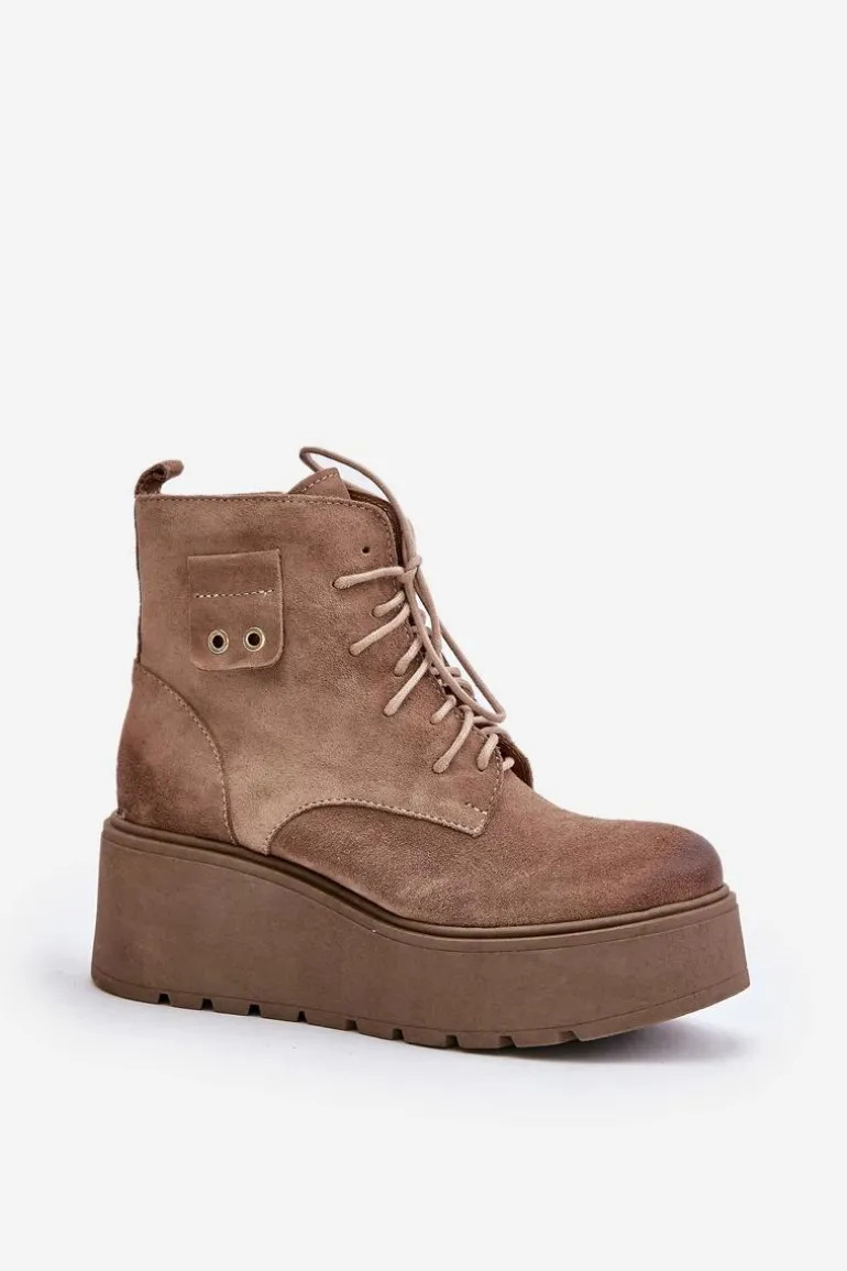 Zazoo 60499 Zamszowe Damskie Botki Na Platformie I Koturnie Ocieplane Beżowe