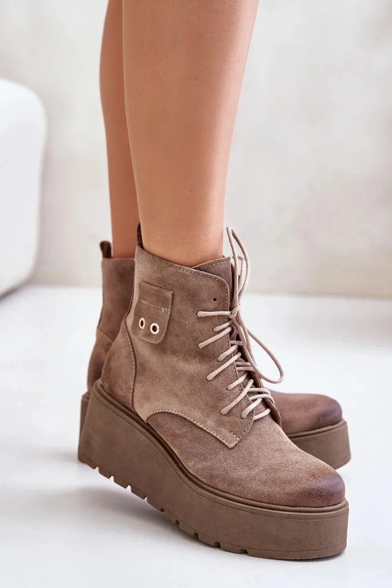 Zazoo 60499 Zamszowe Damskie Botki Na Platformie I Koturnie Ocieplane Beżowe
