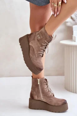 Zazoo 60499 Zamszowe Damskie Botki Na Platformie I Koturnie Ocieplane Beżowe