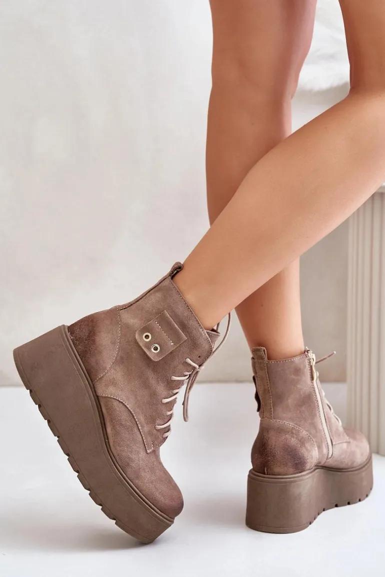 Zazoo 60499 Zamszowe Damskie Botki Na Platformie I Koturnie Ocieplane Beżowe