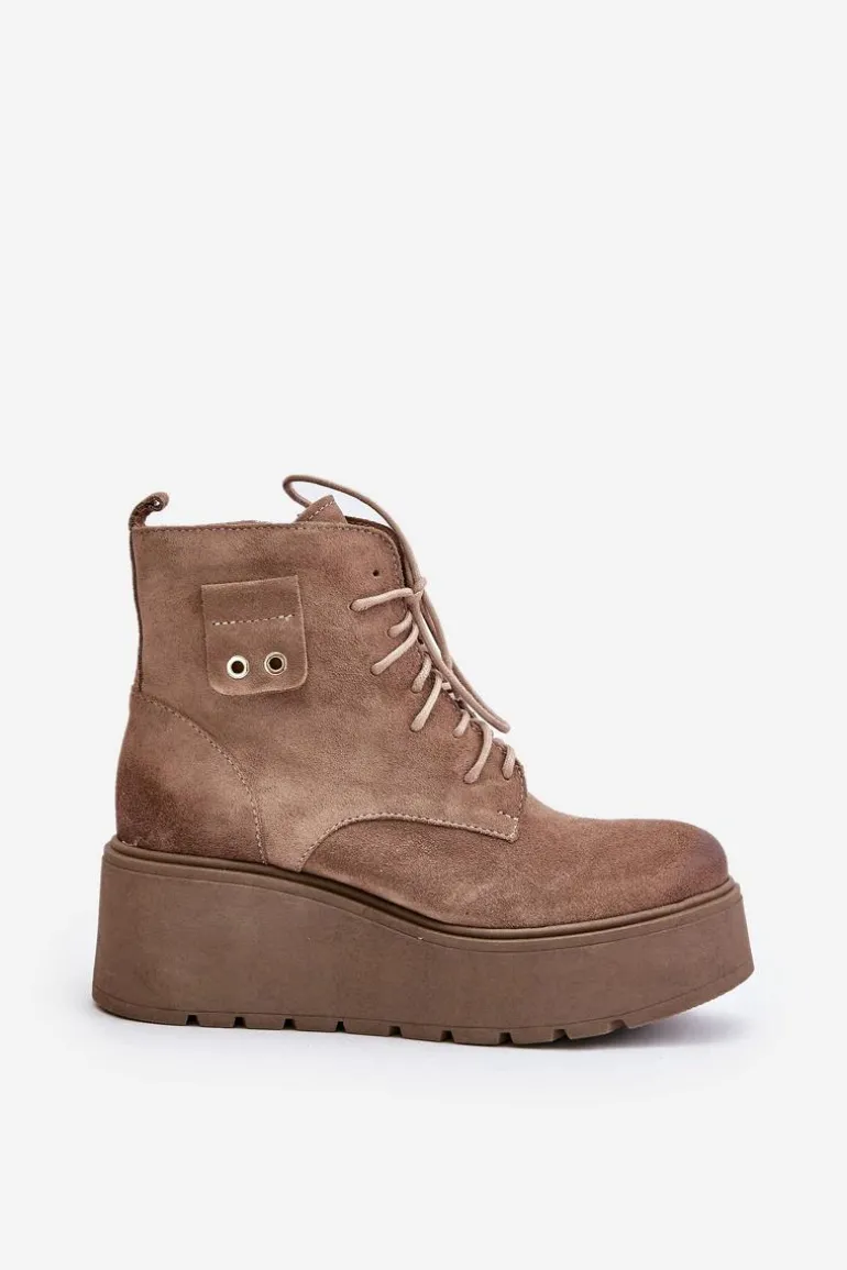 Zazoo 60499 Zamszowe Damskie Botki Na Platformie I Koturnie Ocieplane Beżowe