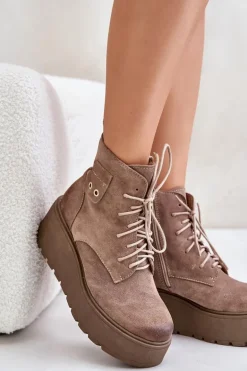 Zazoo 60499 Zamszowe Damskie Botki Na Platformie I Koturnie Ocieplane Beżowe