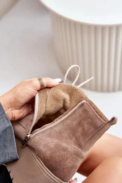 Zazoo 60499 Zamszowe Damskie Botki Na Platformie I Koturnie Ocieplane Beżowe