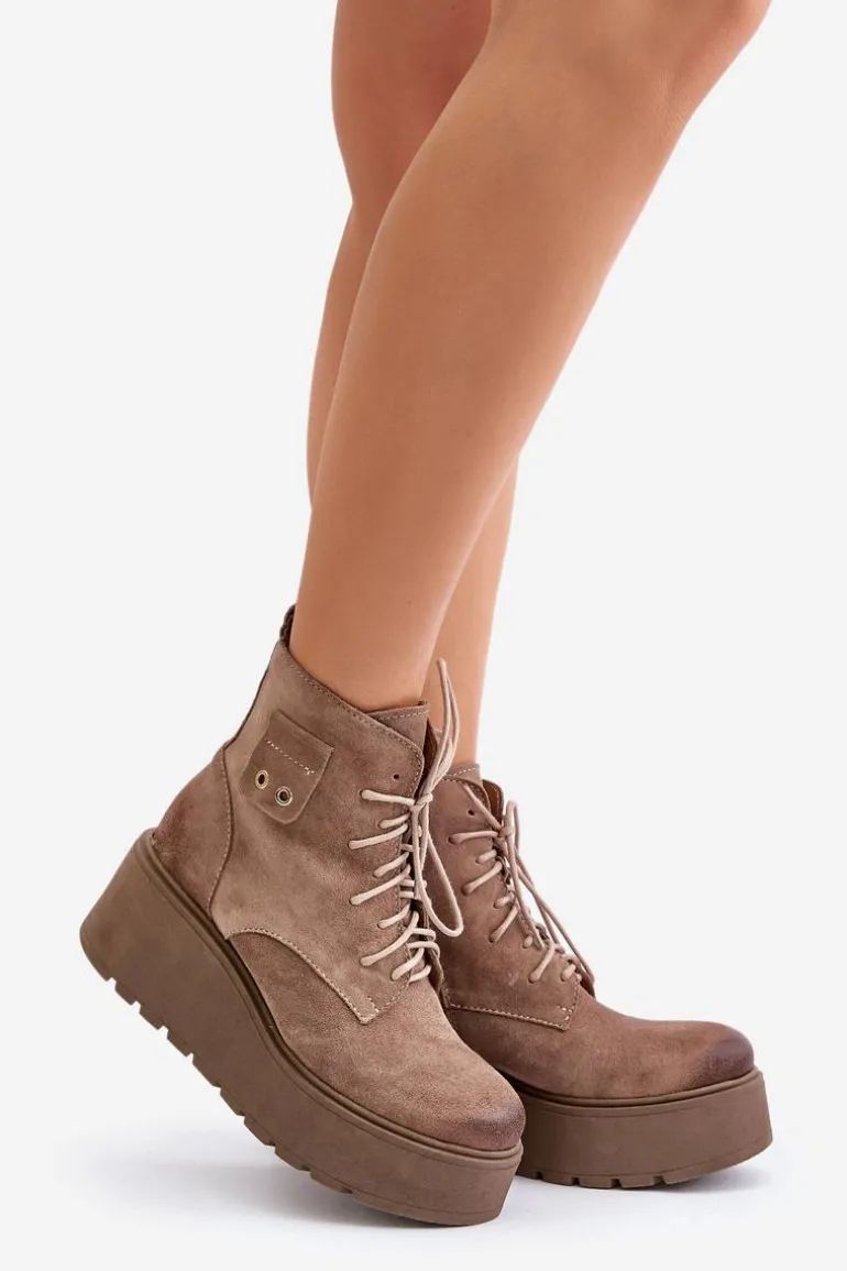 Zazoo 60499 Zamszowe Damskie Botki Na Platformie I Koturnie Ocieplane Beżowe